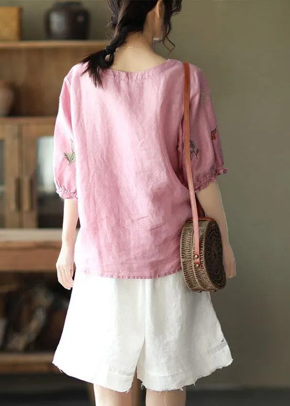 Pink O-neck Embroideried Summer Ramie Blouses Half Sleeve
