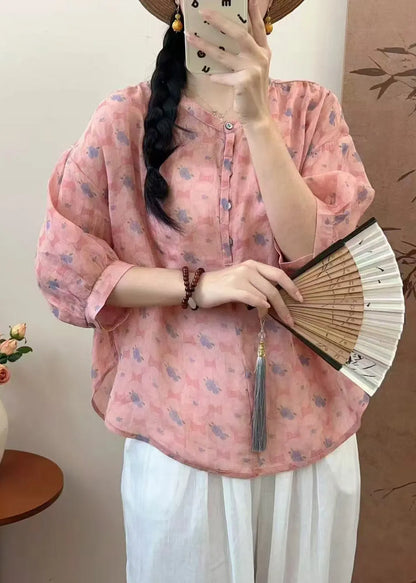 Simple Pink Oversized Print Linen Shirt Summer