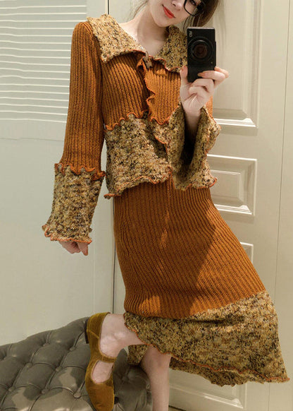French Peter Pan Collar Print Patchwork Cotton Knit Cardigans and Maxi Skirts Two Pieces Set Fall