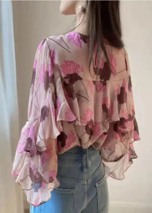 Pink Ruffled O-neck Print Patchwork Chiffon Shirt Long Sleeve
