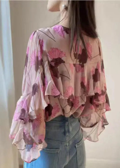 Pink Ruffled O-neck Print Patchwork Chiffon Shirt Long Sleeve