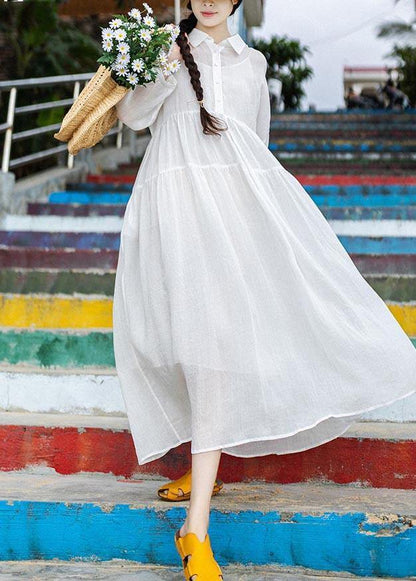 White Peter Pan Collar Button Vacation Summer Linen Dress