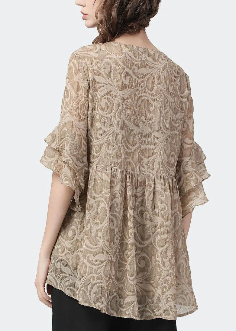 Khaki V Neck Lace Patchwork Wrinkled Tops Petal Sleeve