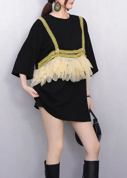 Modern Black Ruffle Tulle Strap Patchwork T Shirt Summer