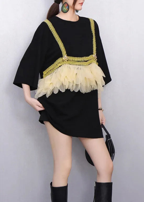 Modern Black Ruffle Tulle Strap Patchwork T Shirt Summer