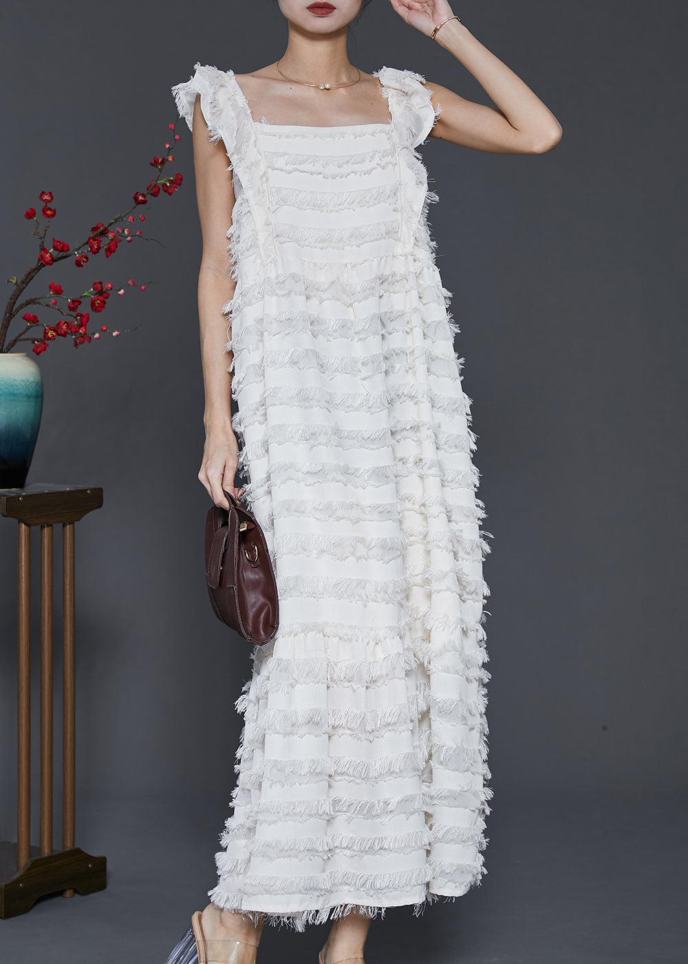 White Tasseled Cotton Summer Dresses Sleeveless