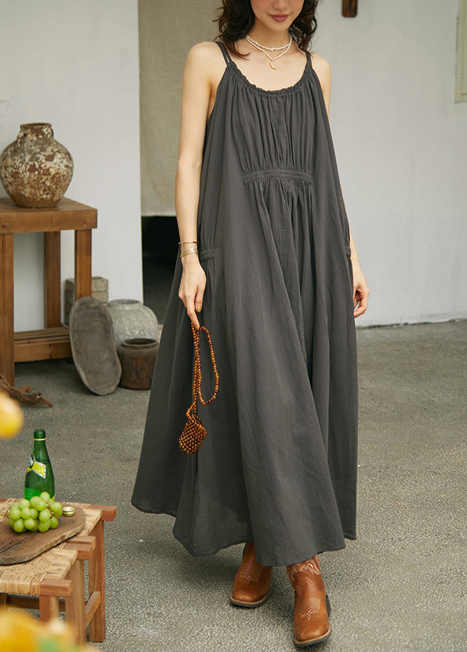 Loose Dark Grey Patchwork Cotton Long Spaghetti Strap Dress Summer