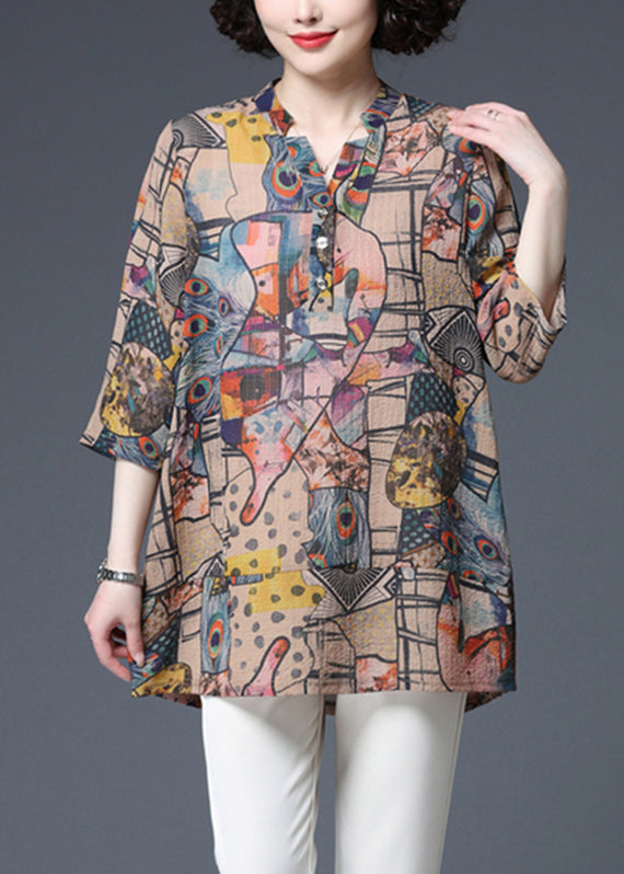 Modern V Neck Print Button Thin Shirt Top Three Quarter Sleeve