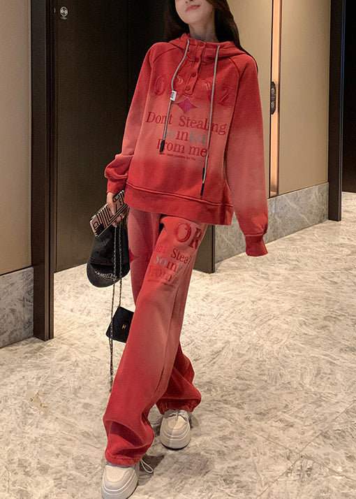 Red Gradient Color Hooded Letter Warm Fleece Two Pieces Set Winter