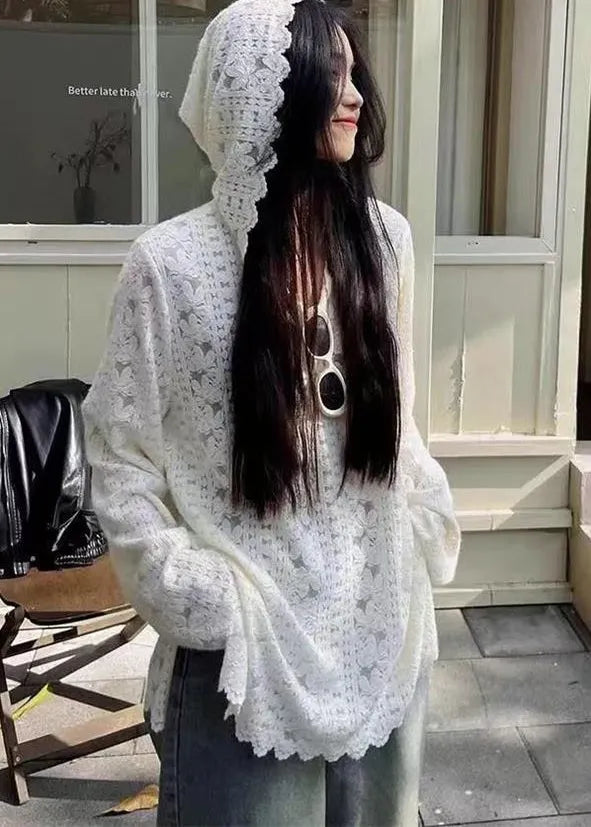 Diy White Hooded Jacquard Lace Pullover Sweatshirt Fall