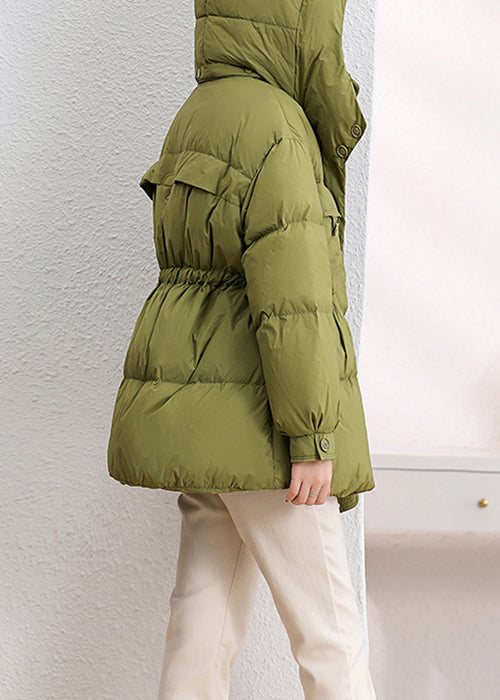 Green Hooded Pockets Patchwork Duck Down Down Coat Winter