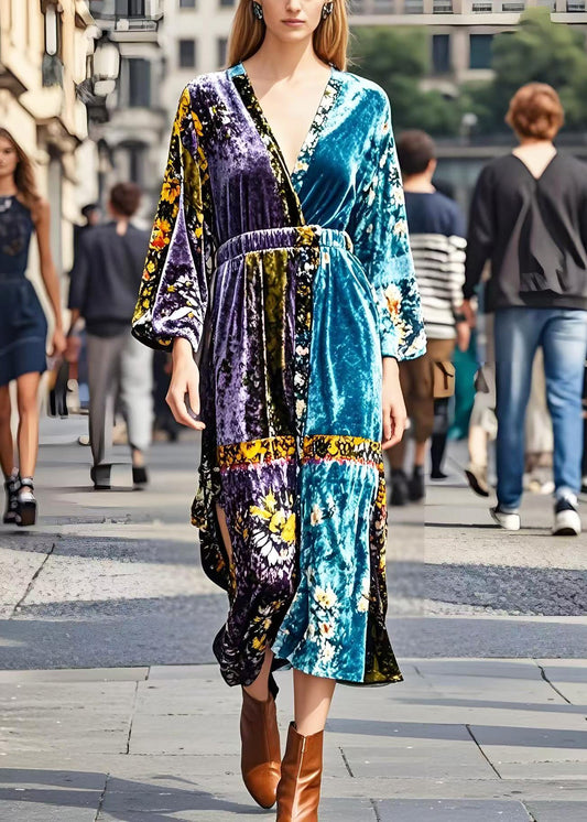 Boutique Cinched Patchwork Side Open Silk Velour Dress Spring