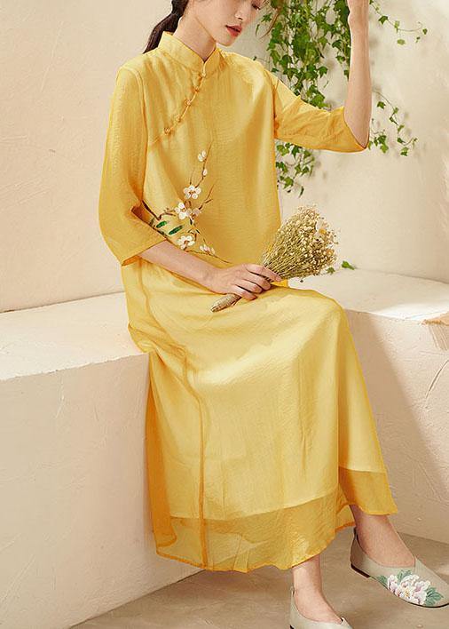Unique Yellow Mandarin Collar Print Summer Dresses
