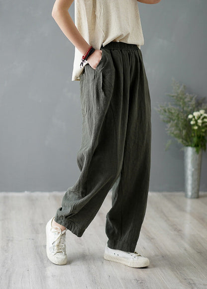 Yellow Pockets Elastic Waist Linen Pants Spring