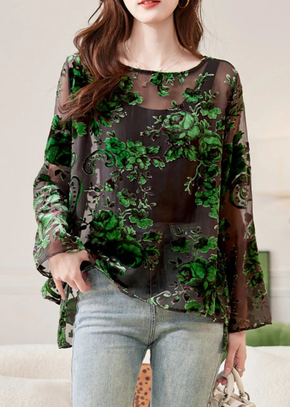 Green O-neck Chiffon Shirts Spring