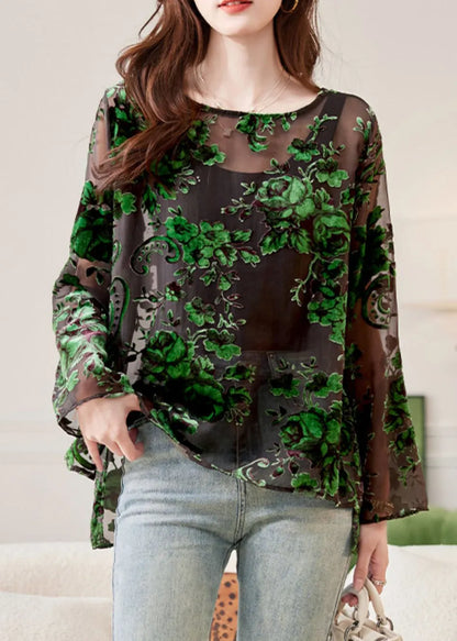 Green O-neck Chiffon Shirts Spring