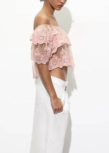 Pink Slash Neck Ruffled Embroidered Tulle Top Summer