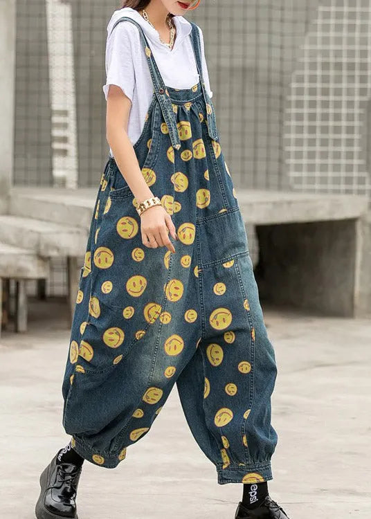Blue Smile Print Patchwork Pockets Denim Jumpsuit Sleeveless