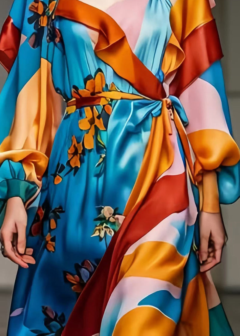 Blue Cinched Print Silk Robe Dresses Spring