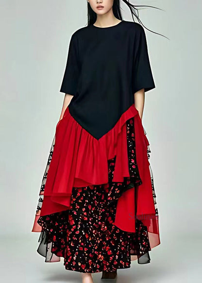 Fine Black O-neck Patchwork Chiffon Maxi Dresses Summer