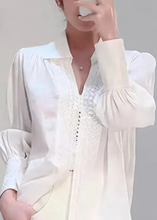 White Peter Pan Collar Jacquard Cotton Shirts Top Fall