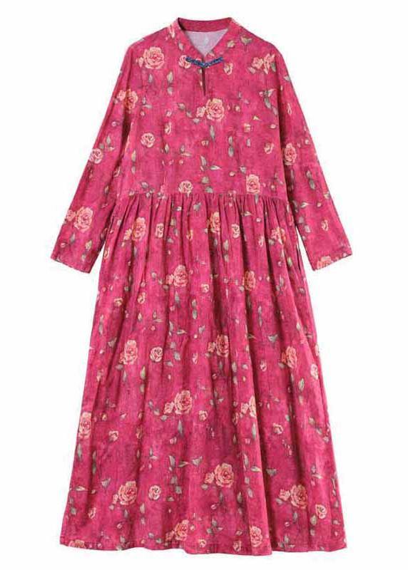 Stand Collar Cinched Spring Dresses Red Print Dress