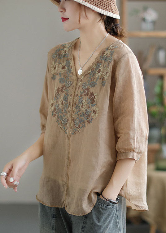 Khaki Embroideried Lace Patchwork Linen Shirt Top Half Sleeve