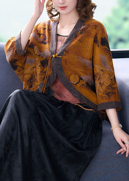 Yellow V Neck Patchwork Silk Upf 50+ Coat Outwear Batwing Sleeve