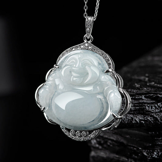 Buddha Stones Laughing Buddha Natural Jade Abundance Titanium Steel Chain Necklace Pendant
