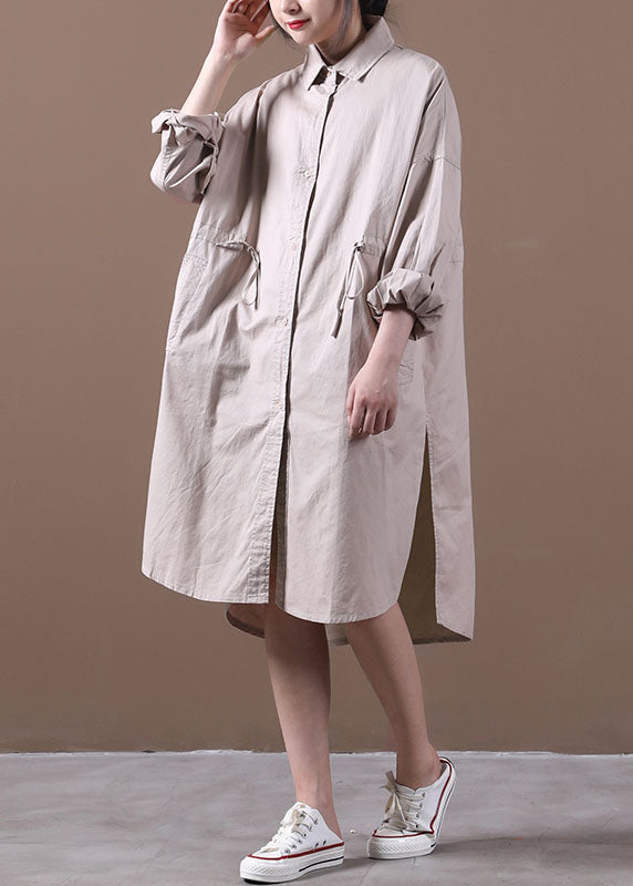 Loose Khaki Peterpan Collar Tie Waist Button Fall Long Sleeve Tops