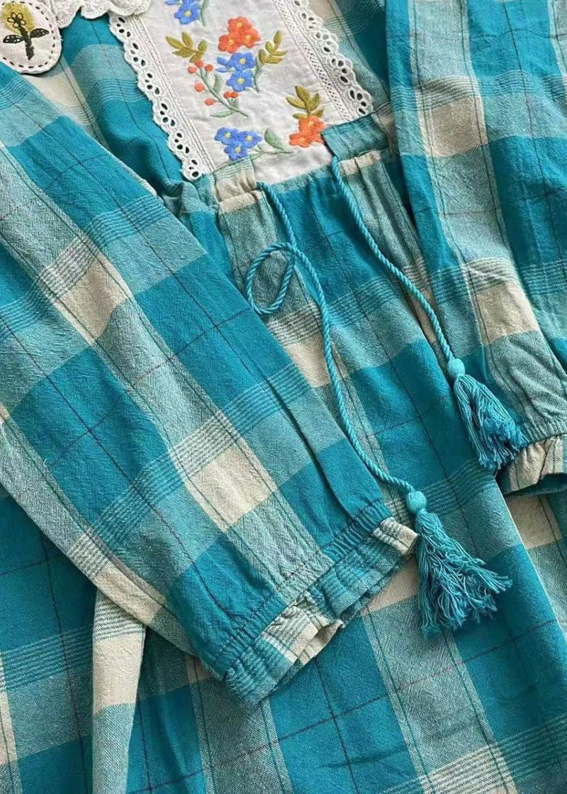 Blue Plaid Embroideried Patchwork Cotton Dress Spring