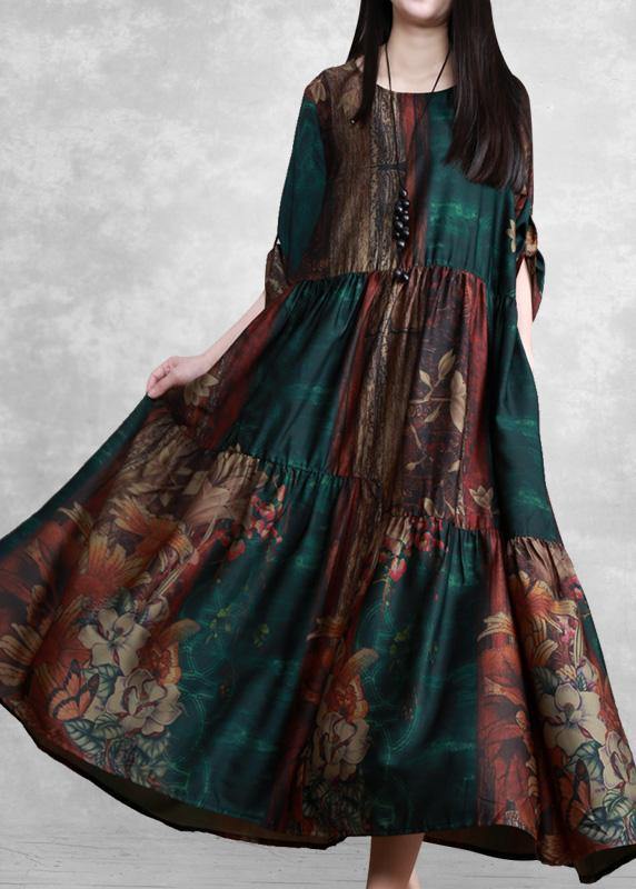 Luxy Green Print Silk Summer Dresses Loose Caftan