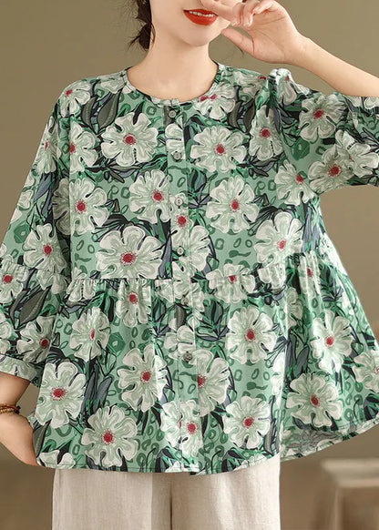 Unique Green O-neck Button Wrinkled T Shirts Bracelet Sleeve
