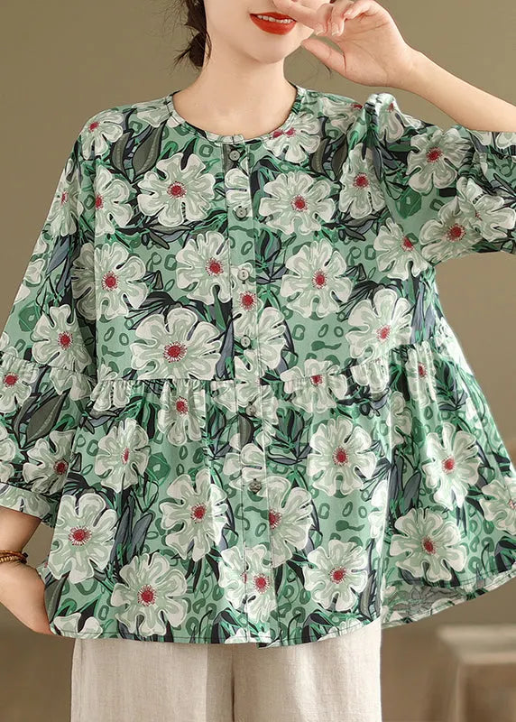 Unique Green O-neck Button Wrinkled T Shirts Bracelet Sleeve