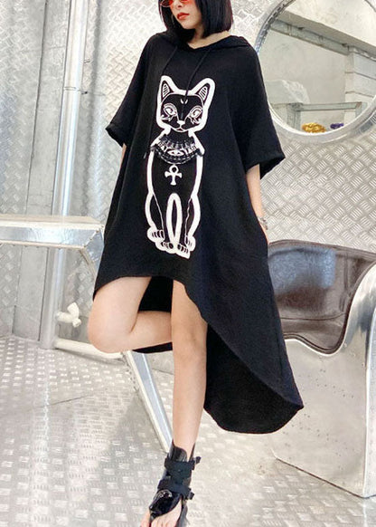 Organic Black Hooded Drawstring Low High Design Print Sweatshirts Dress Spring