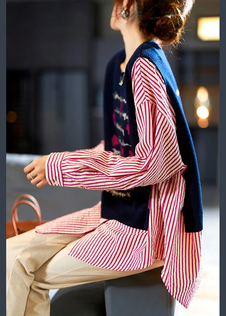 Navy Striped Patchwork False Two Pieces Cotton Blouse Long Sleeve