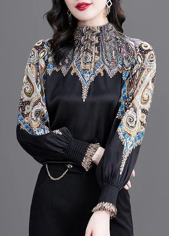 Black Stand Collar Cinched Print Silk Shirt Top Spring