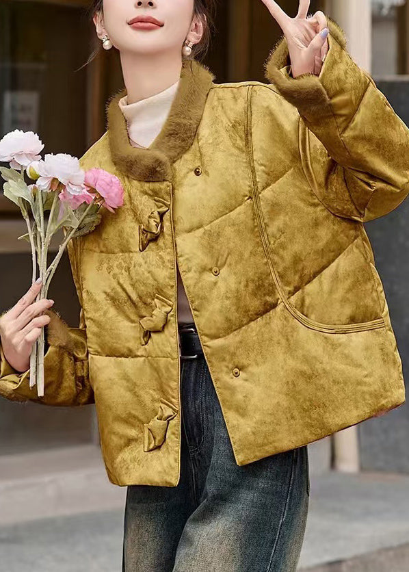 Yellow Pockets Patchwork Duck Down Down Coat Winter