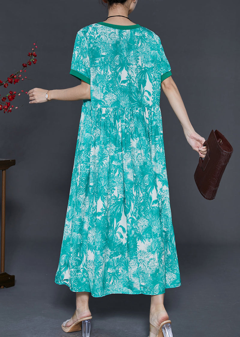 Green Print Exra Large Hem Silk Ankle Dress Summer