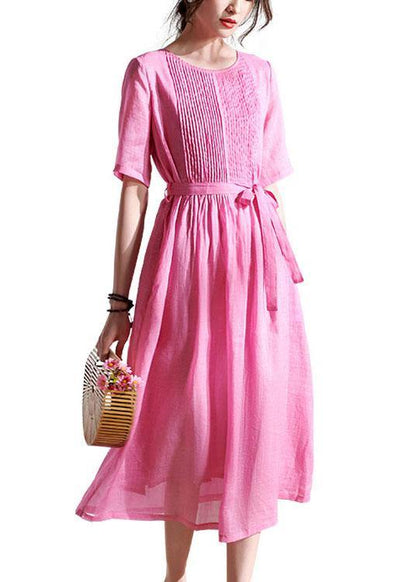 Style Rose Cinched Sashes Summer Ramie Sundress Half Sleeve