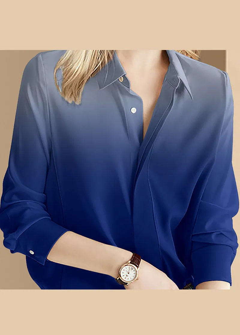 French Gradient Color Blue Button Peter Pan Collar Shirt Long Sleeve