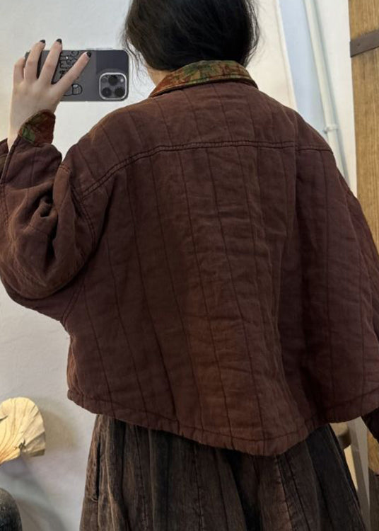 Wine Red Button Pockets Patchwork Cotton Coats Fall