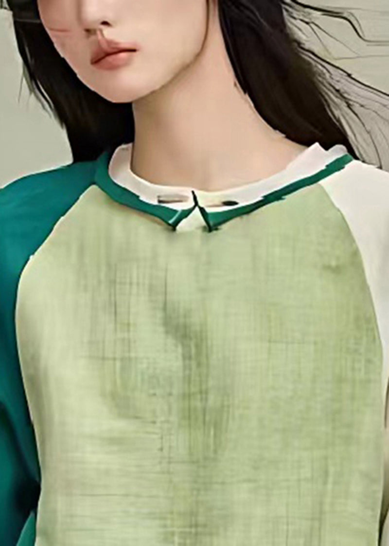 Grass Green Asymmetrical Patchwork Linen Blouse Top Summer