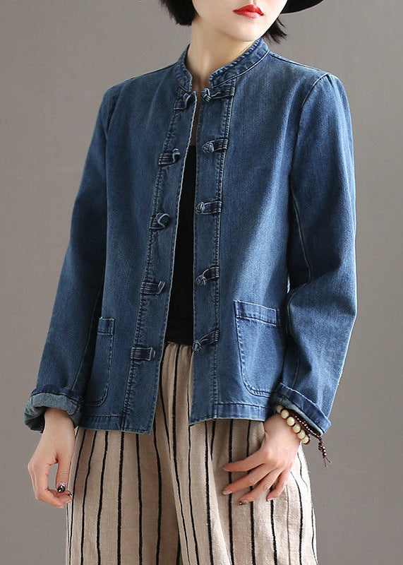 Blue Stand Collar Patchwork Button Pockets Cotton Denim Coat Long Sleeve