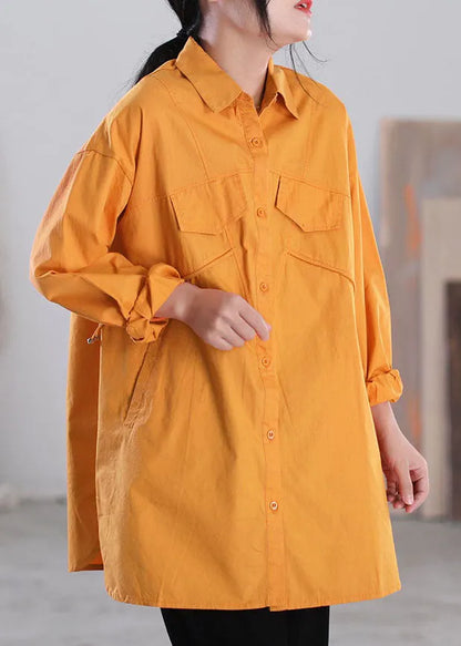 Orange Color Patchwork Cotton Shirt Tops Asymmetrical Pockets Long Sleeve