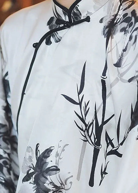 Chinese Style White Stand Collar Button Print Silk Top Spring