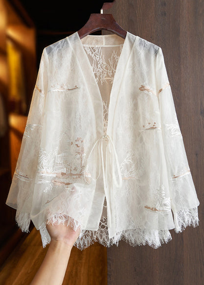 White Lace Up Printed Lace Patchwork Top Fall