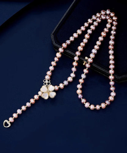 Champagne Alloy Pearl Zircon Lariat Necklace