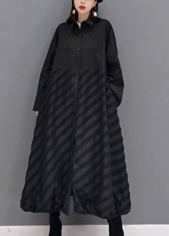 Style Black Peter Pan Collar Patchwork Shirt Dress Spring