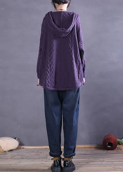 Purple Hooded Drawstring Knit Sweater Tops Spring